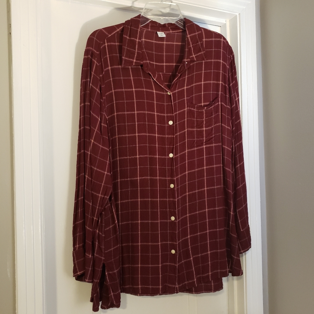 Burgundy, light pink plaid button down top